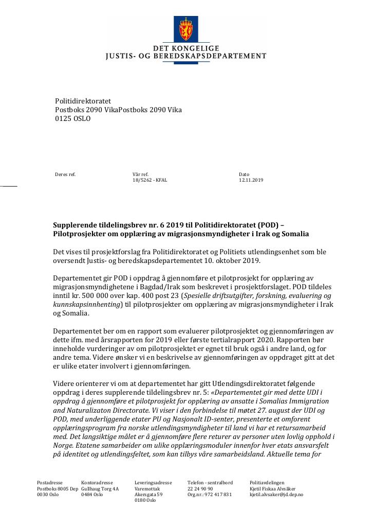 Forsiden av dokumentet Supplerende tildelingsbrev nr. 6 Politidirektoratet 2019