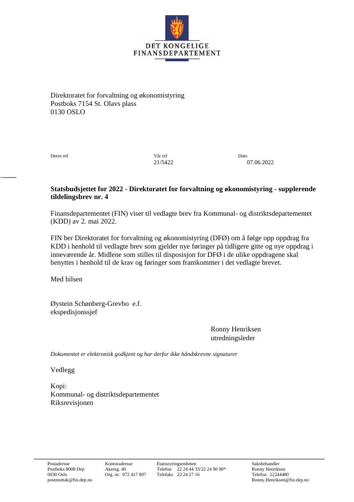Forsiden av dokumentet Tildelingsbrev DFØ 2022 - tillegg nr. 4