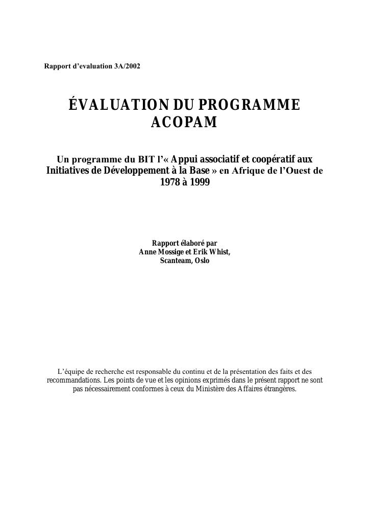 Forsiden av dokumentet ÉVALUATION DU PROGRAMME ACOPAM: Un programme du BIT l’« Appui associatif et coopératif aux Initiatives de Développement à la Base » en Afrique de l’Ouest de 1978 à 1999