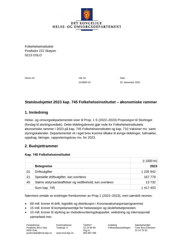 Forsiden av dokumentet Tildelingsbrev Folkehelseinstituttet 2023 - tillegg nr. 1