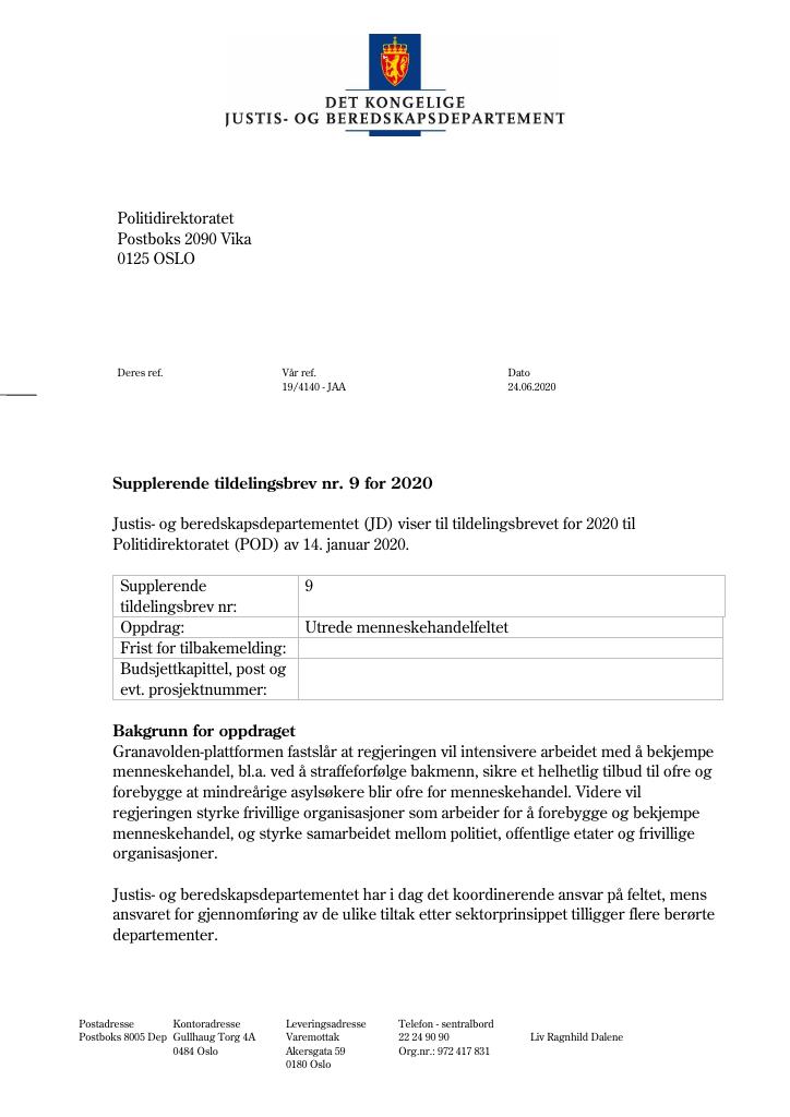 Forsiden av dokumentet Supplerende tildelingsbrev Politidirektoratet 2020 - nr. 9