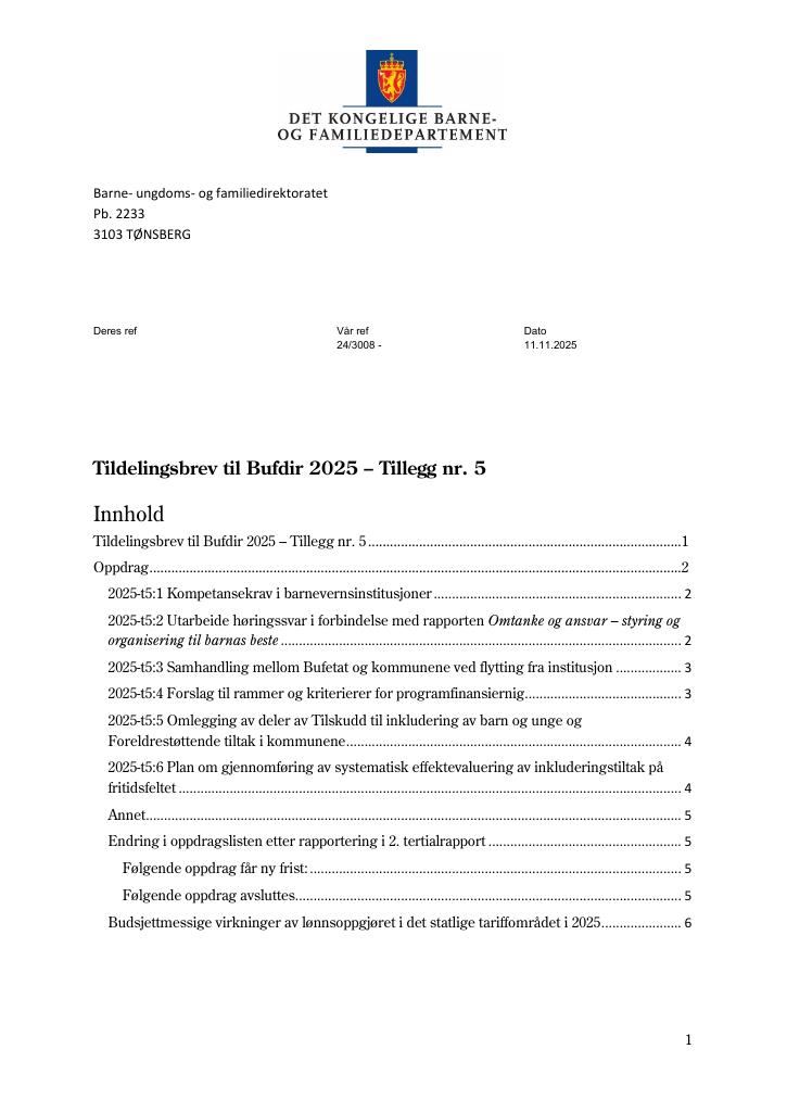 Forsiden av dokumentet Tildelingsbrev Bufdir 2025 - tillegg nr. 5