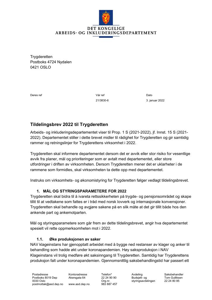 Forsiden av dokumentet Tildelingsbrev Trygderetten 2022