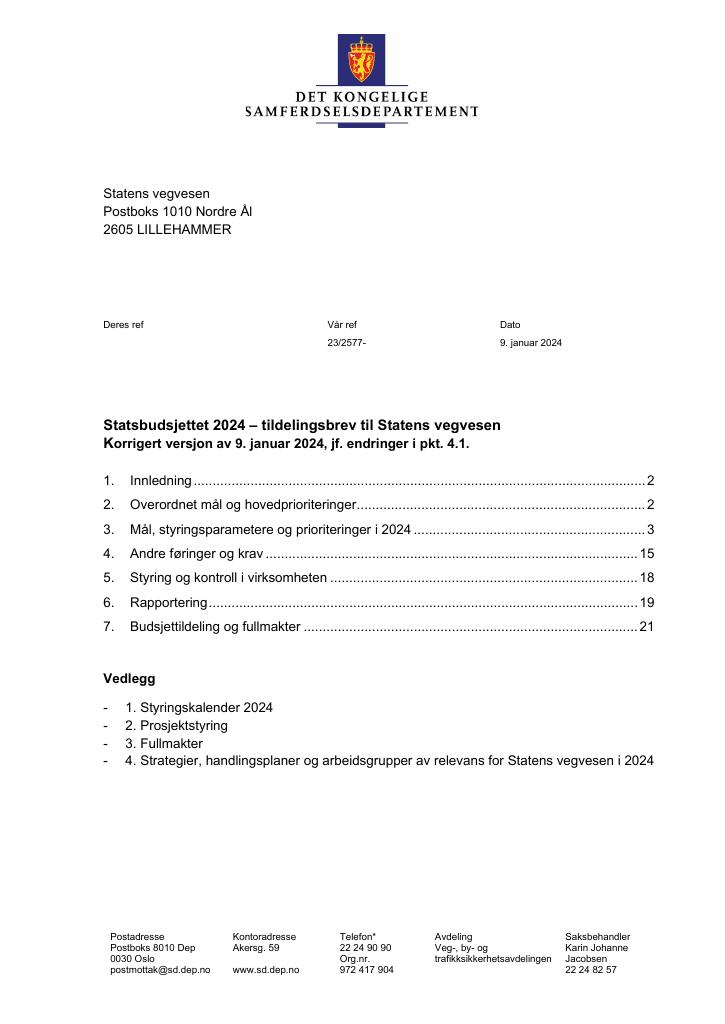 Forsiden av dokumentet Tildelingsbrev Statens vegvesen 2024
