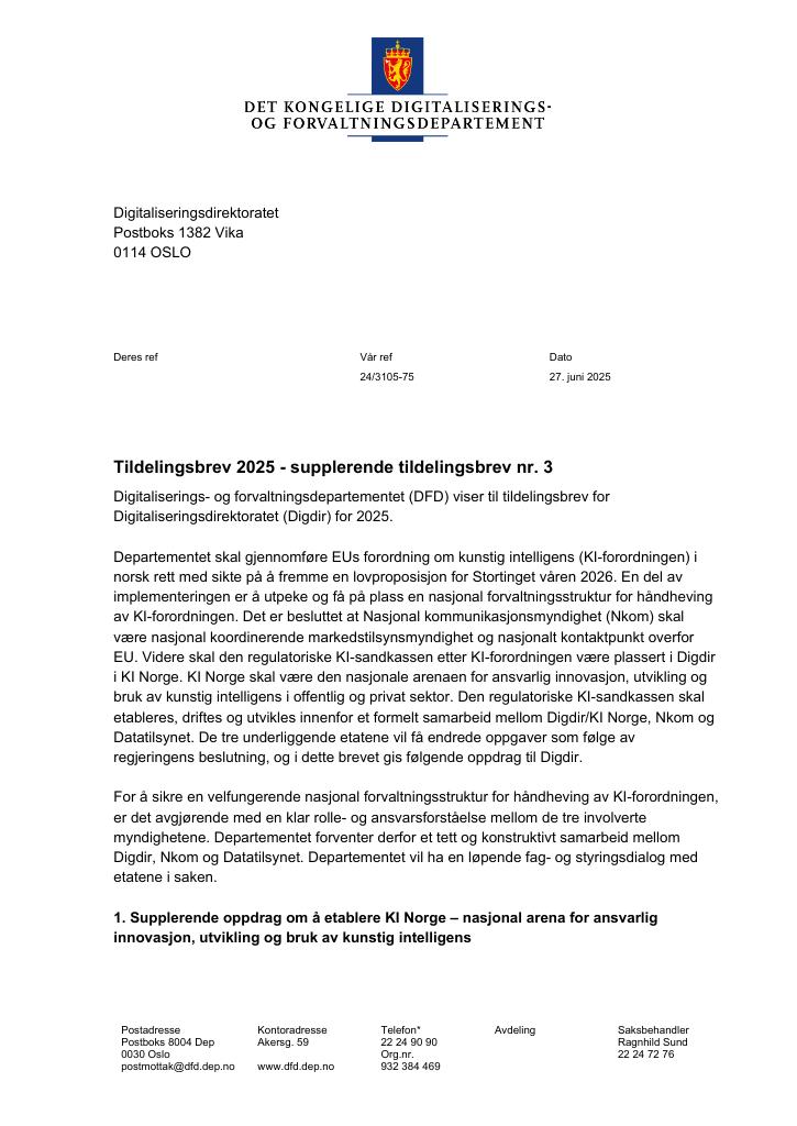Forsiden av dokumentet Tildelingsbrev Digitaliseringsdirektoratet 2025 - tillegg nr. 3
