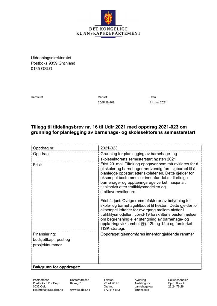 Forsiden av dokumentet Tildelingsbrev Utdanningsdirektoratet 2021 - tillegg nr. 16