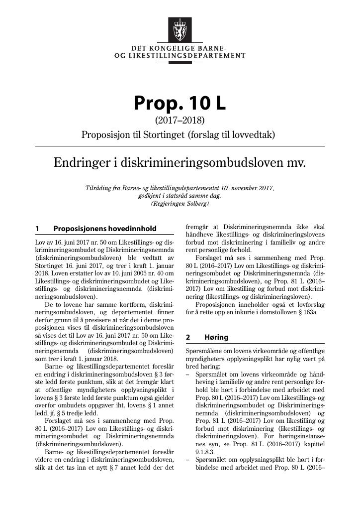 Forsiden av dokumentet Prop. 10 L (2017–2018)