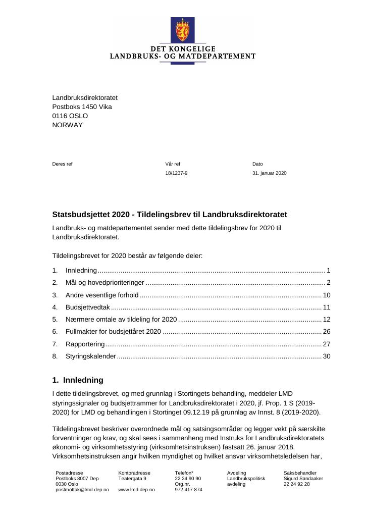 Forsiden av dokumentet Tildelingsbrev Landbruksdirektoratet 2020