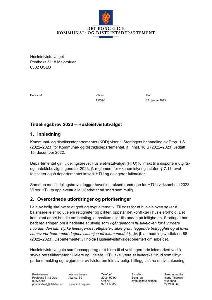 Forsiden av dokumentet Tildelingsbrev Husleietvistutvalget 2023