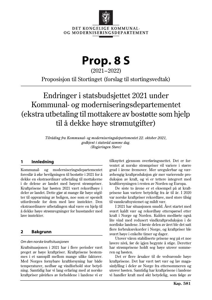 Forsiden av dokumentet Prop. 8 S (2021–2022)