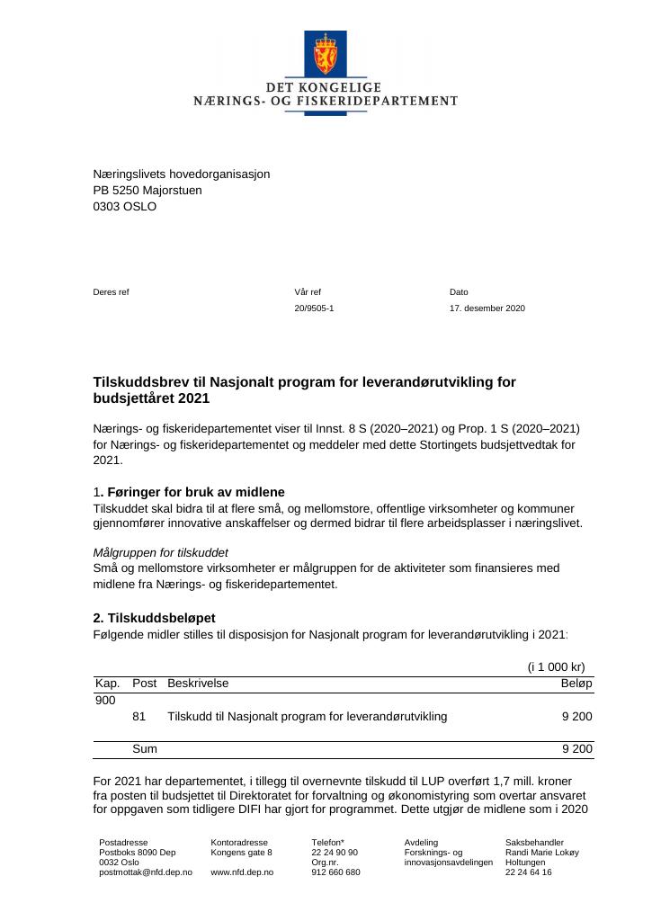 Forsiden av dokumentet Tilskuddsbrev