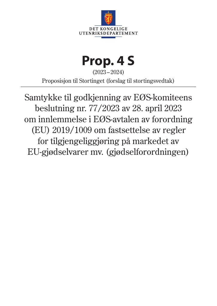 Forsiden av dokumentet Prop. 4 S (2023–2024)