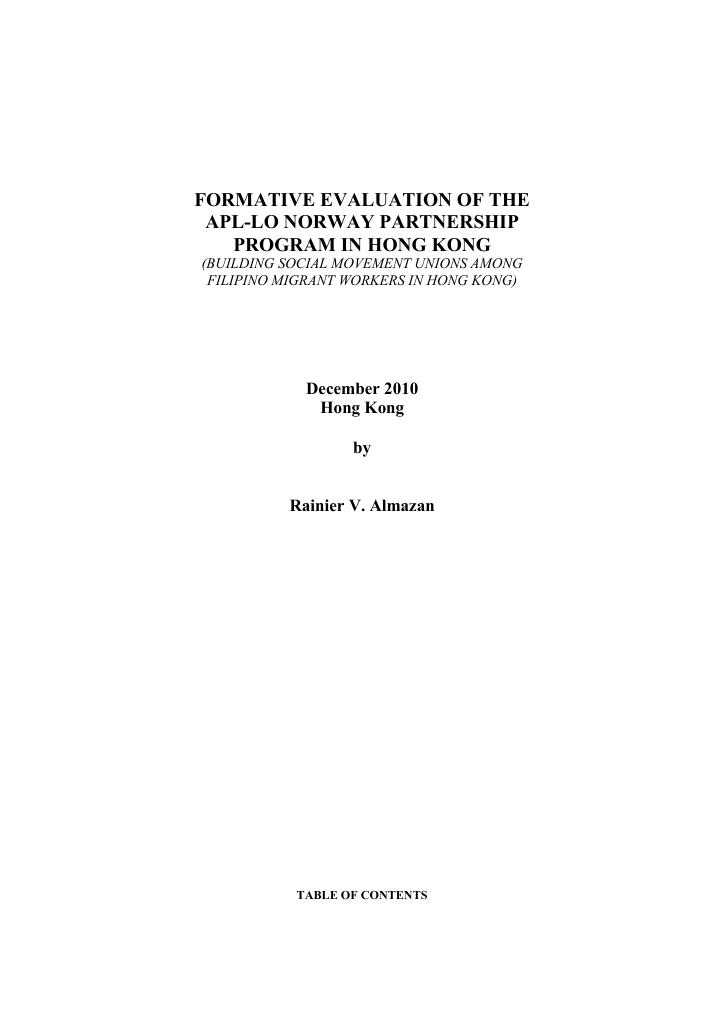 Forsiden av dokumentet Evaluation of LO-Norway Programme of Co-operation with Alliance for Progressive Labor (APL), Philippines among migrants in Hong Kong
