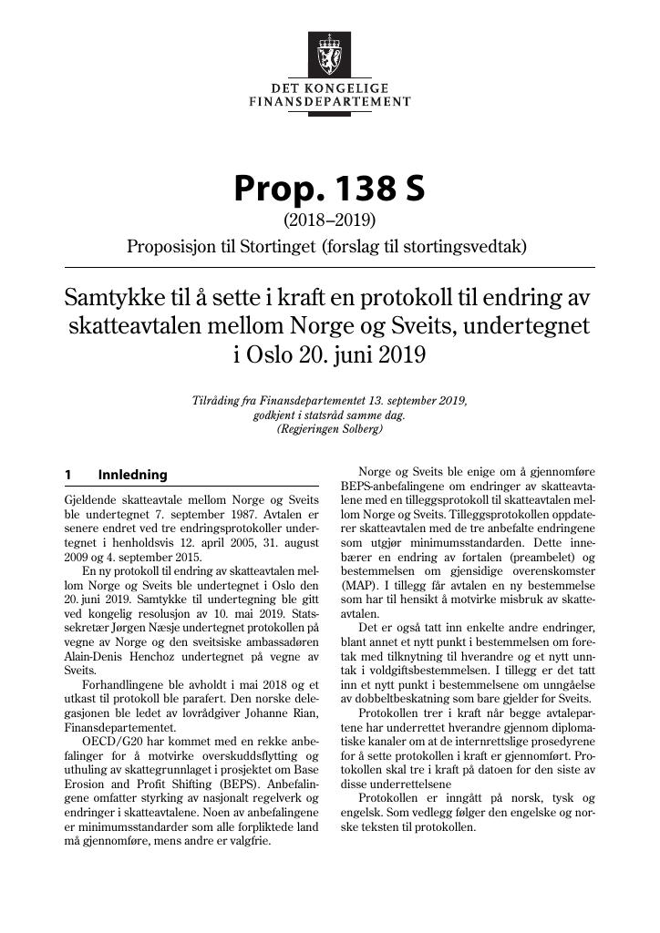 Forsiden av dokumentet Prop. 138 S (2018–2019)