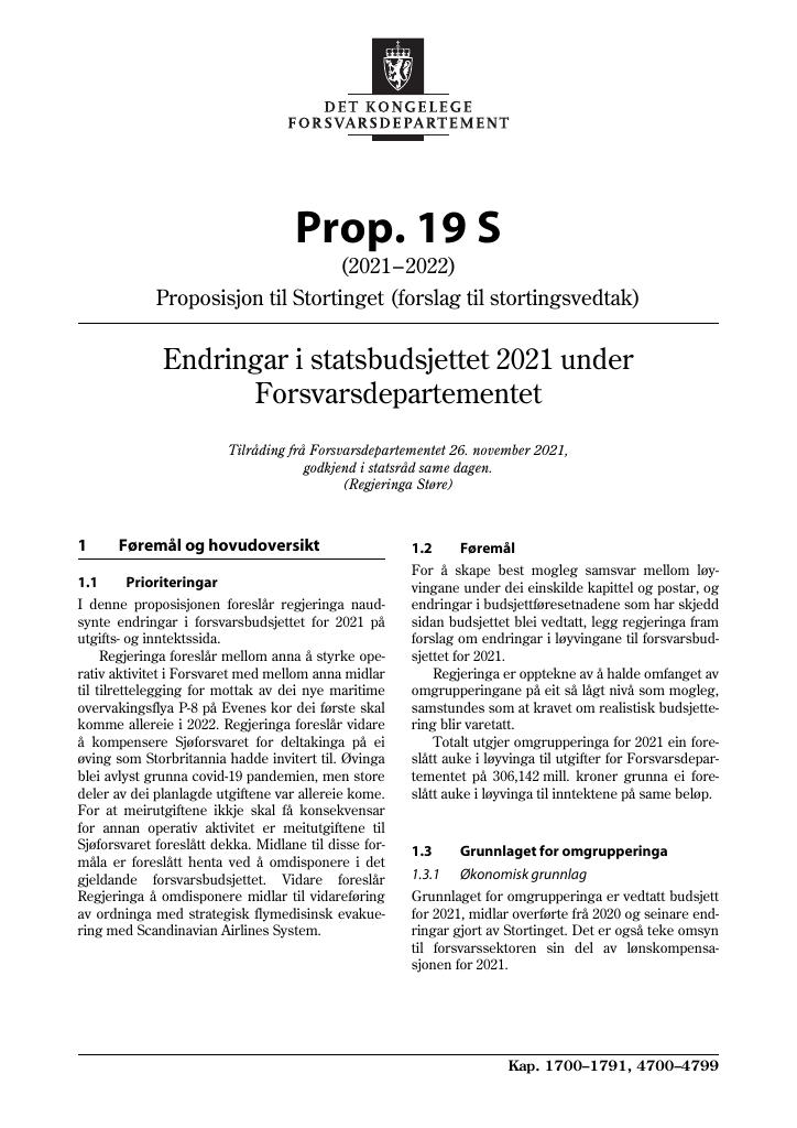 Forsiden av dokumentet Prop. 19 S (2021–2022)