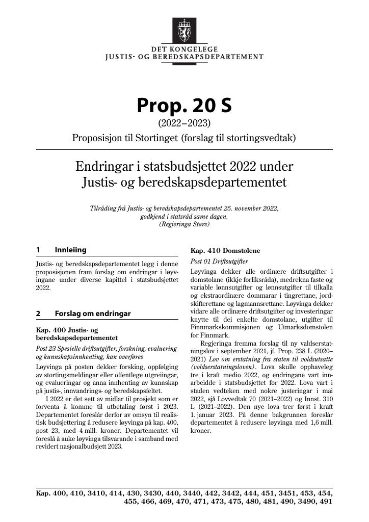 Forsiden av dokumentet Prop. 20 S (2022–2023)