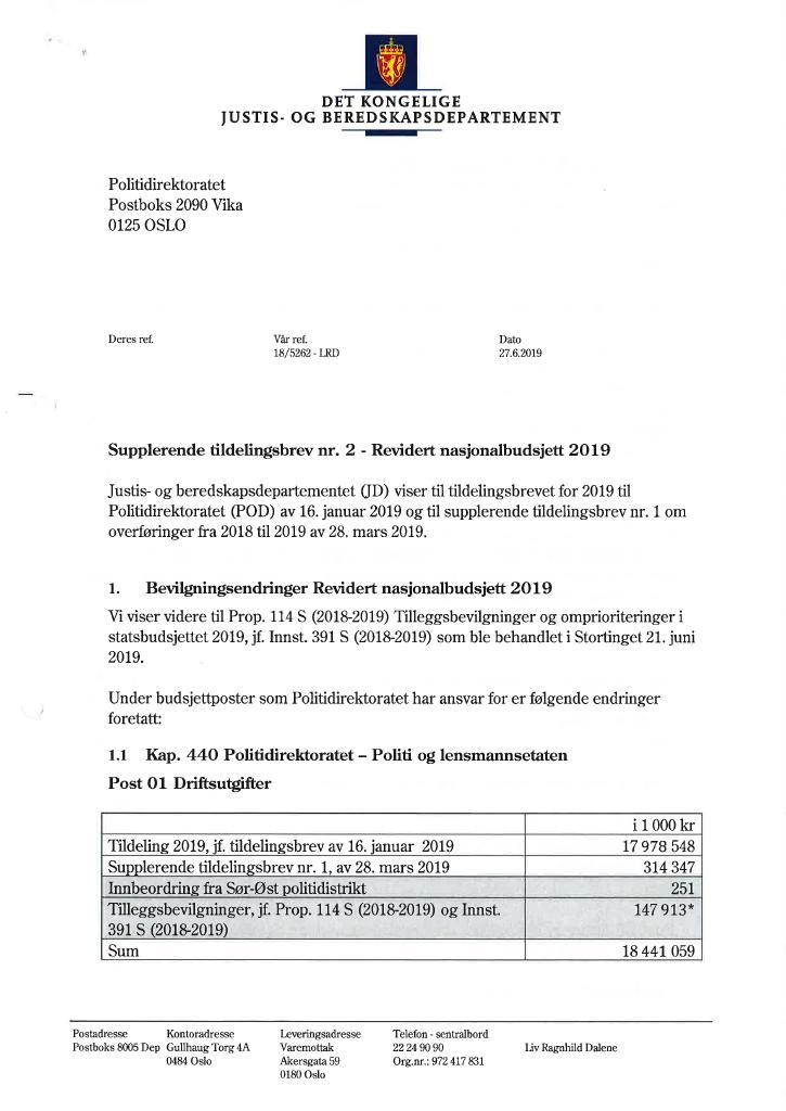Forsiden av dokumentet Supplerende tildelingsbrev nr. 2 Politidirektoratet 2019