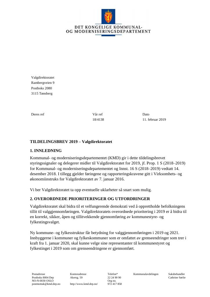 Forsiden av dokumentet Tildelingsbrev Valgdirektoratet 2019