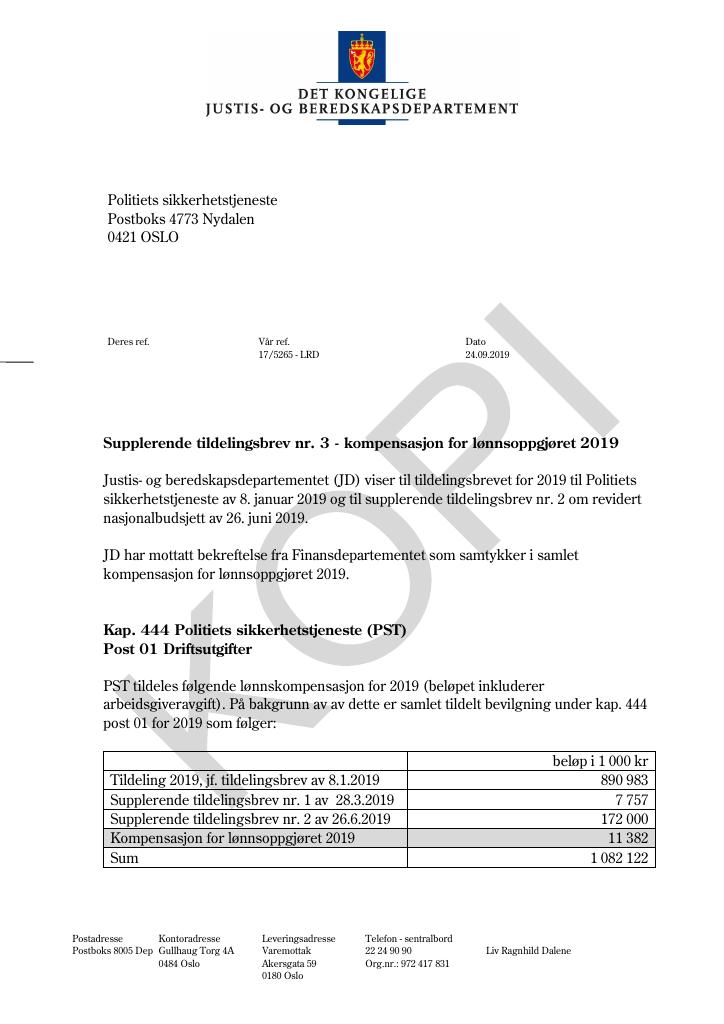 Forsiden av dokumentet Supplerende tildelingsbrev nr. 3 Politiets sikkerhetstjeneste 2019