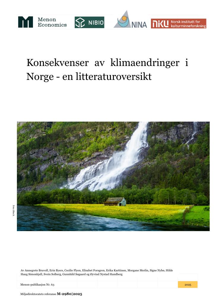 Forsiden av dokumentet Konsekvenser av klimaendringer i Norge - en litteraturoversikt