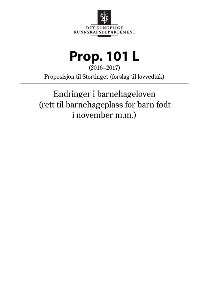 Forsiden av dokumentet Prop. 101 L (2016–2017)