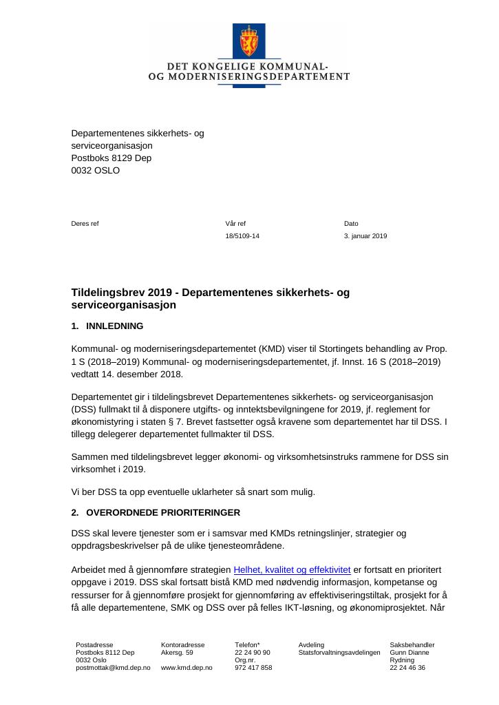 Forsiden av dokumentet Tildelingsbrev Departementenes sikkerhets- og serviceorganisasjon 2019