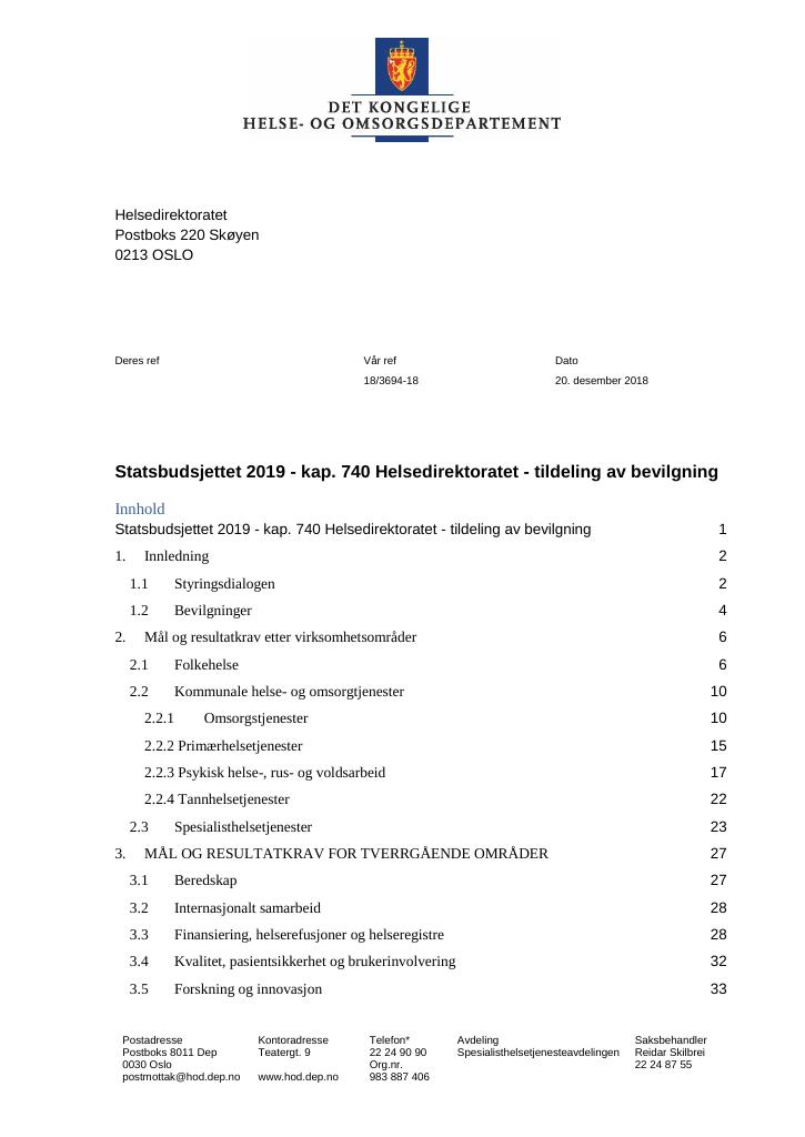 Forsiden av dokumentet Tildelingsbrev Helsedirektoratet 2019