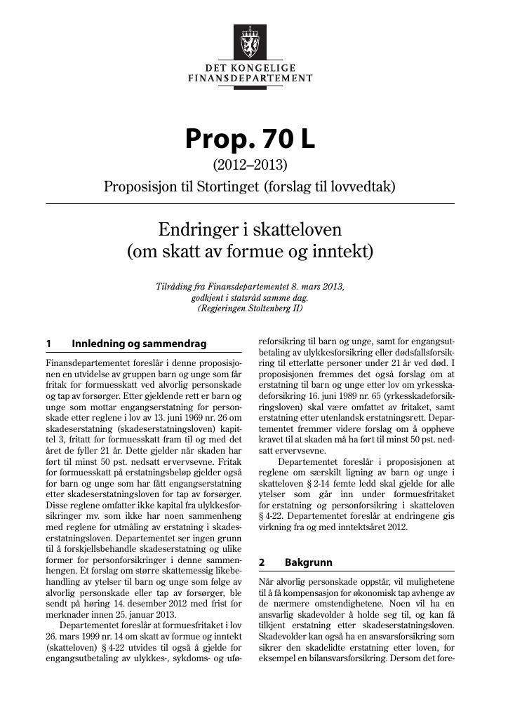 Forsiden av dokumentet Prop. 70 L (2012–2013)