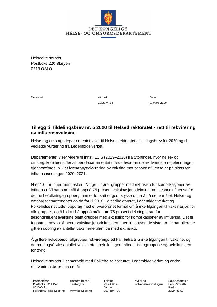 Forsiden av dokumentet Tildelingsbrev Helsedirektoratet 2020 - tillegg nr. 5