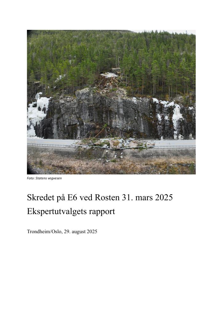 Forsiden av dokumentet Ekspertutvalgets rapport om skredet på E6 ved Rosten