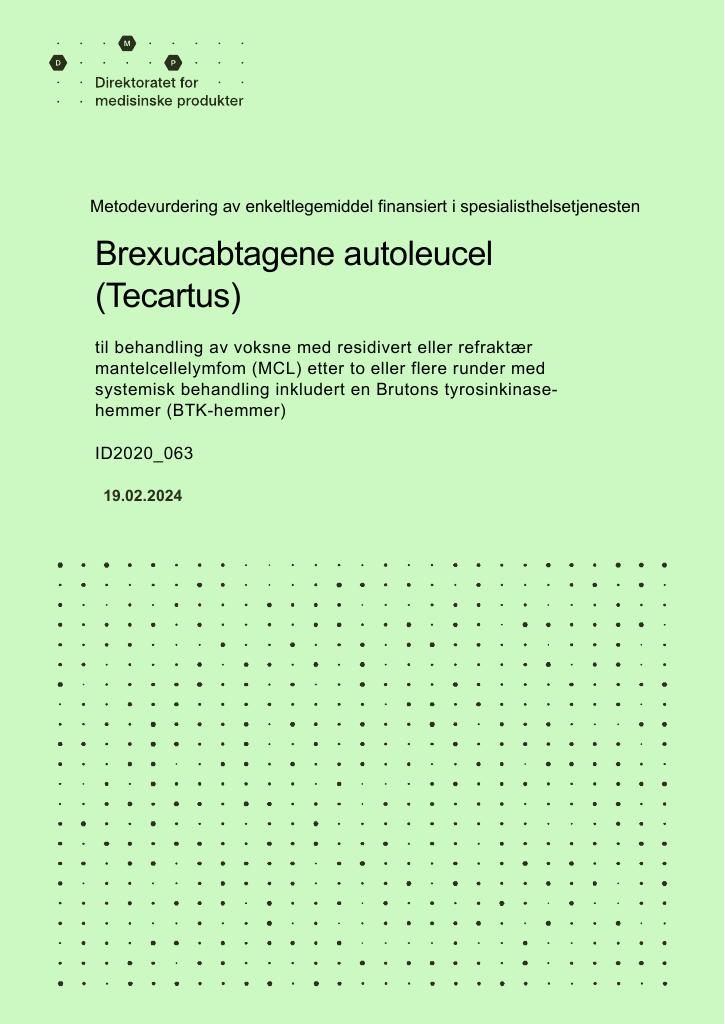 Forsiden av dokumentet Brexucabtagene autoleucel (Tecartus) til behandling av voksne med residivert eller refraktær mantelcellelymfom (MCL) etter to eller flere runder med systemisk behandling inkludert en Brutons tyrosinkinasehemmer (BTK-hemmer)