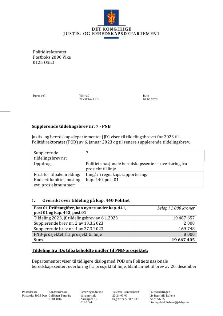 Forsiden av dokumentet Tildelingsbrev Politiet 2023 - tillegg nr. 7