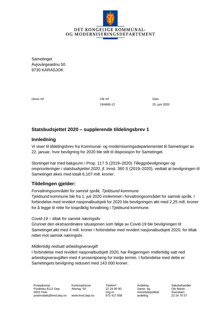 Forsiden av dokumentet Supplerende tildelingsbrev Sametinget 2020
