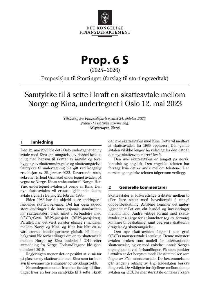 Forsiden av dokumentet Prop. 6 S (2025–2026)