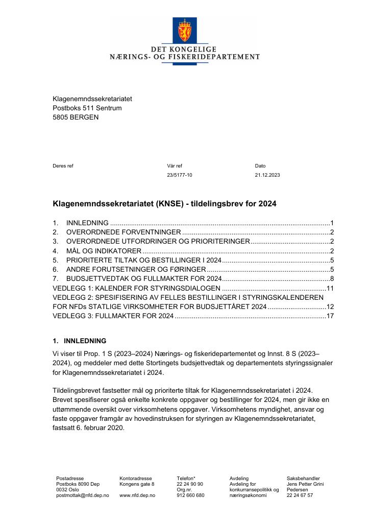 Forsiden av dokumentet Tildelingsbrev Klagenemdssekretariatet 2024