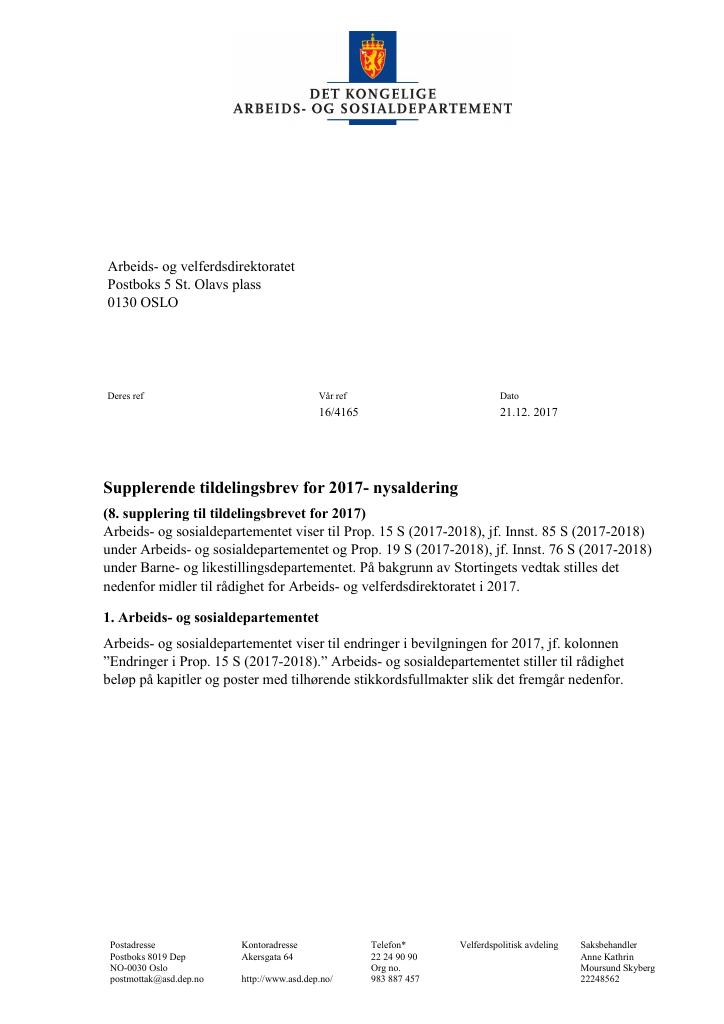 Forsiden av dokumentet Tildelingsbrev Arbeids- og velferdsdirektoratet 2017- tillegg nr. 8