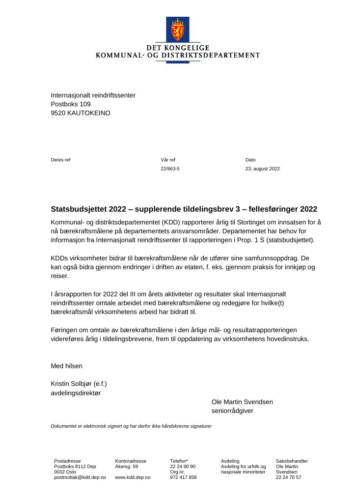 Forsiden av dokumentet Supplerende tildelingsbrev 3.pdf 2022