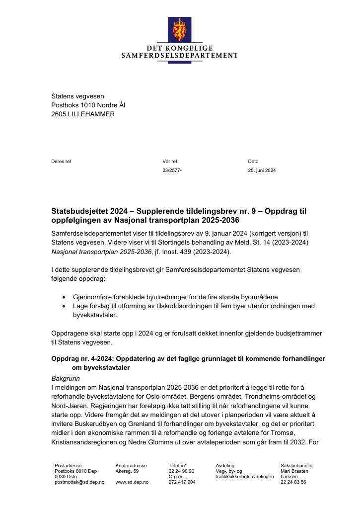 Forsiden av dokumentet Tildelingsbrev Statens vegvesen 2024 - tillegg nr. 9