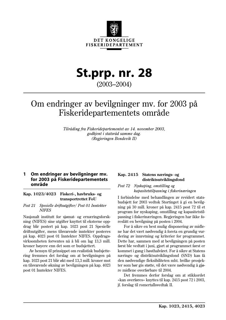 Forsiden av dokumentet St.prp. nr. 28 (2003-2004)
