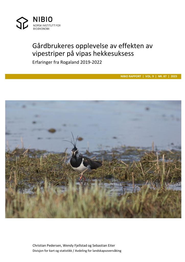 Forsiden av dokumentet Gårdbrukeres opplevelse av effekten av vipestriper på vipas hekkesuksess: Erfaringer fra Rogaland 2019-2022