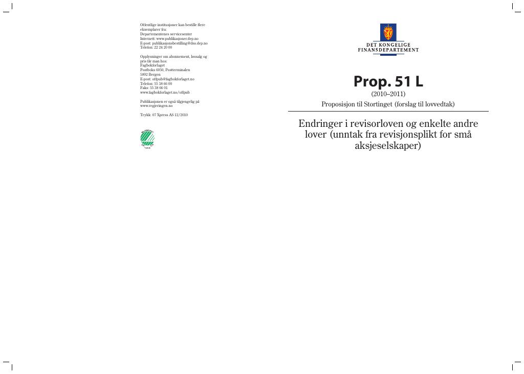 Forsiden av dokumentet Prop. 51 L (2010–2011)