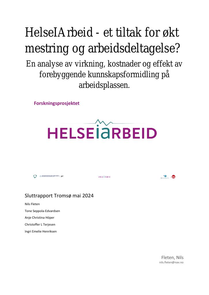 Forsiden av dokumentet HelseIArbeid - et tiltak for økt mestring og arbeidsdeltagelse?