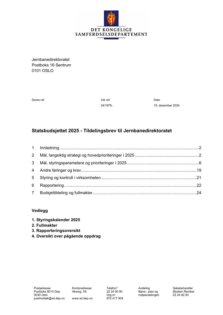 Forsiden av dokumentet Tildelingsbrev Jernbanedirektoratet 2025