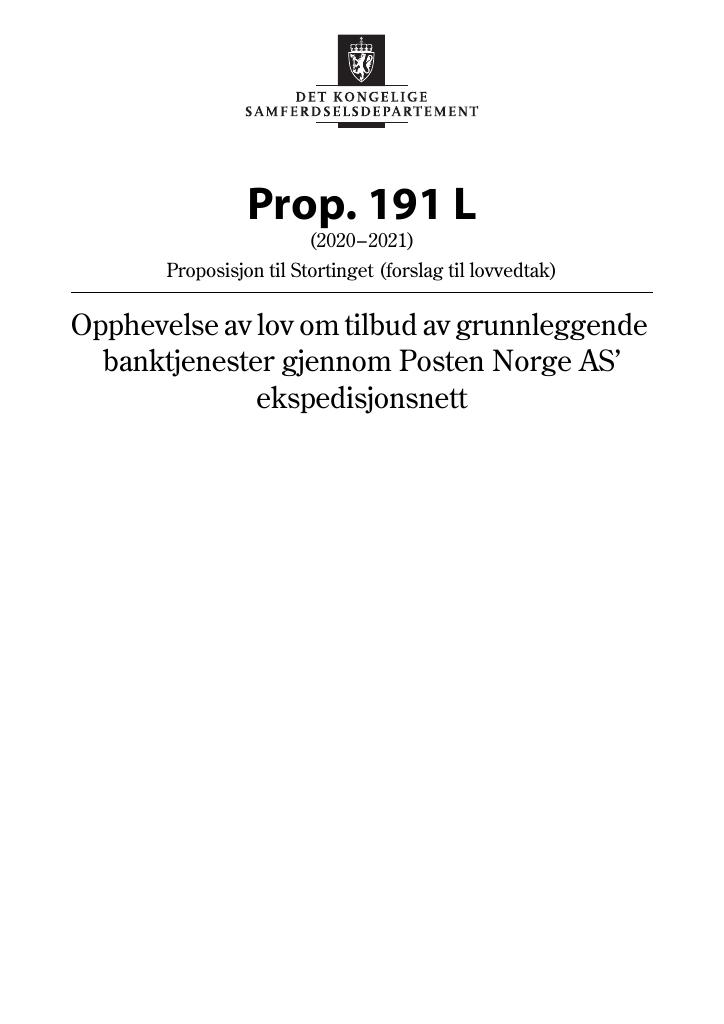 Forsiden av dokumentet Prop. 191 L (2020–2021)