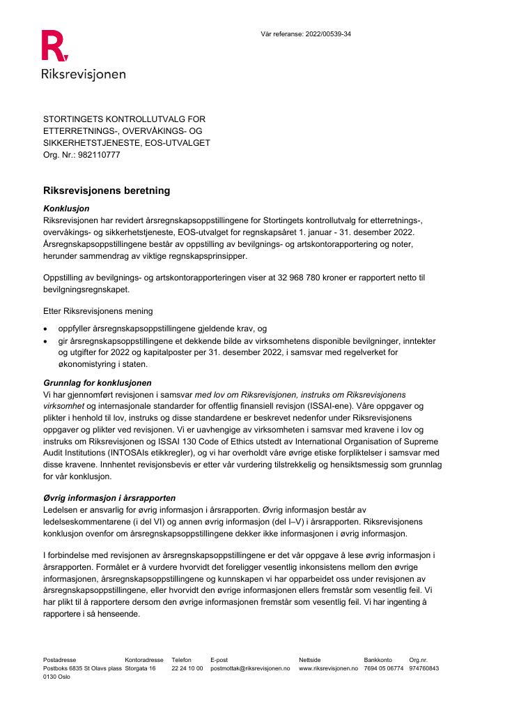 Forsiden av dokumentet Revisjonsberetning EOS-utvalget 2022