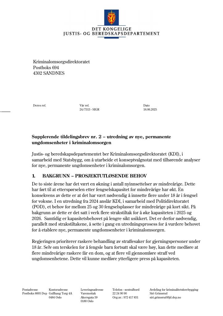 Forsiden av dokumentet Tildelingsbrev Kriminalomsorgen 2025 - tillegg nr. 2