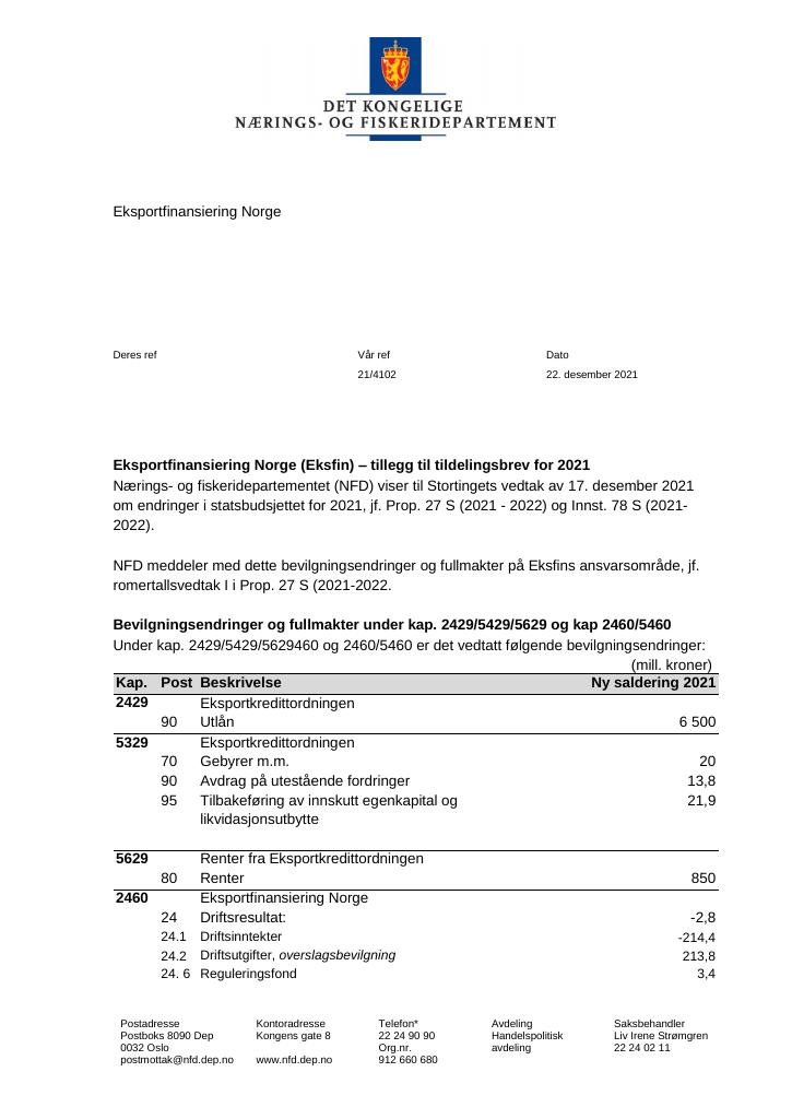 Forsiden av dokumentet Tildelingsbrev Eksportfinansiering Norge (Eksfin) 2021 - tillegg