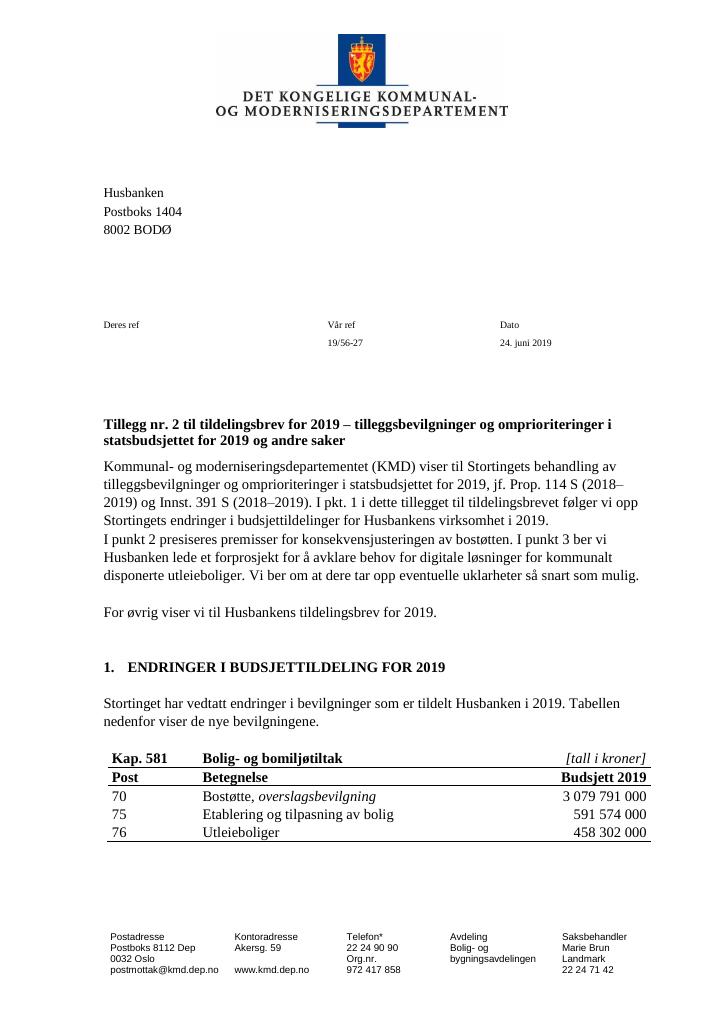 Forsiden av dokumentet Tillegg nr 2 til tildelingsbrev 2019 til Husbanken.pdf, 