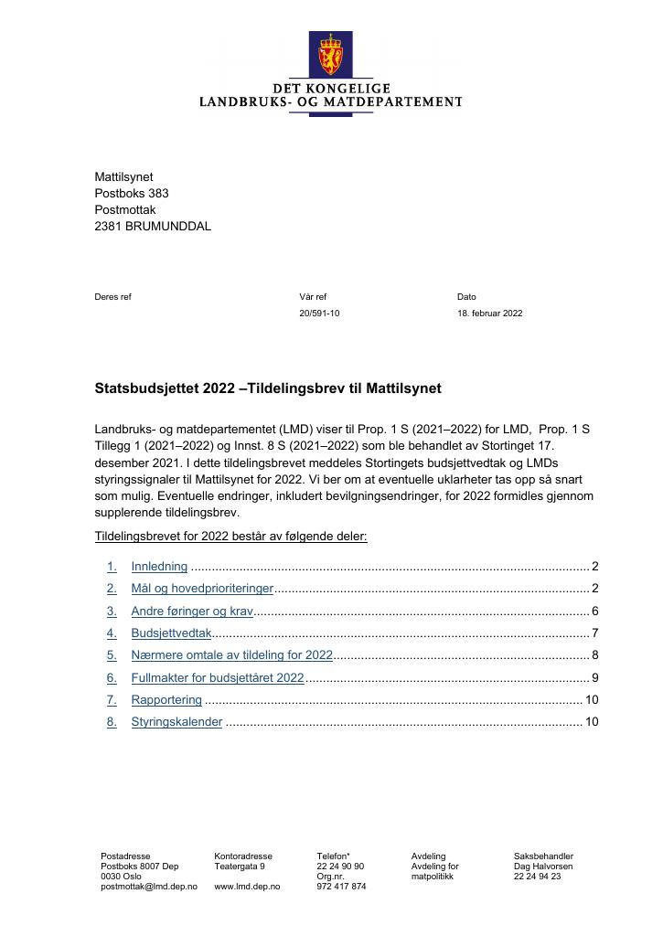 Forsiden av dokumentet Tildelingsbrev Mattilsynet 2022