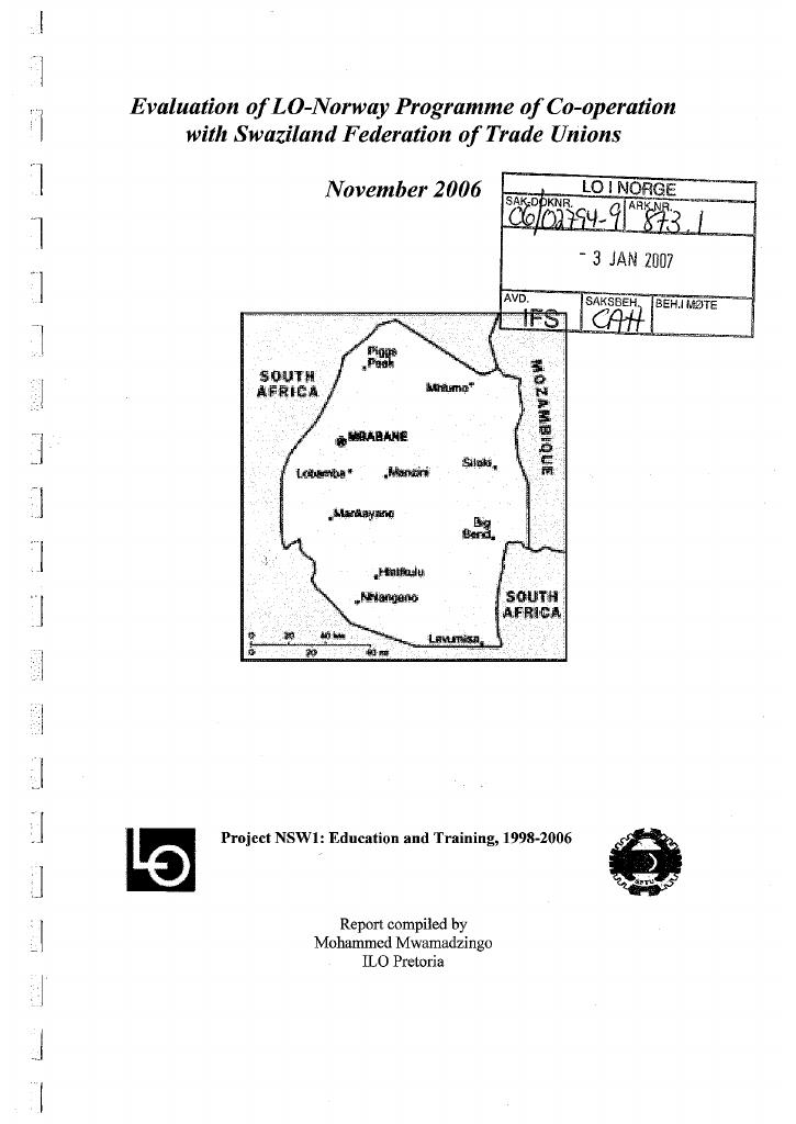Forsiden av dokumentet Evaluation of LO-Norway Programme of Co-operation with Swaziland Federation of Trade Unions